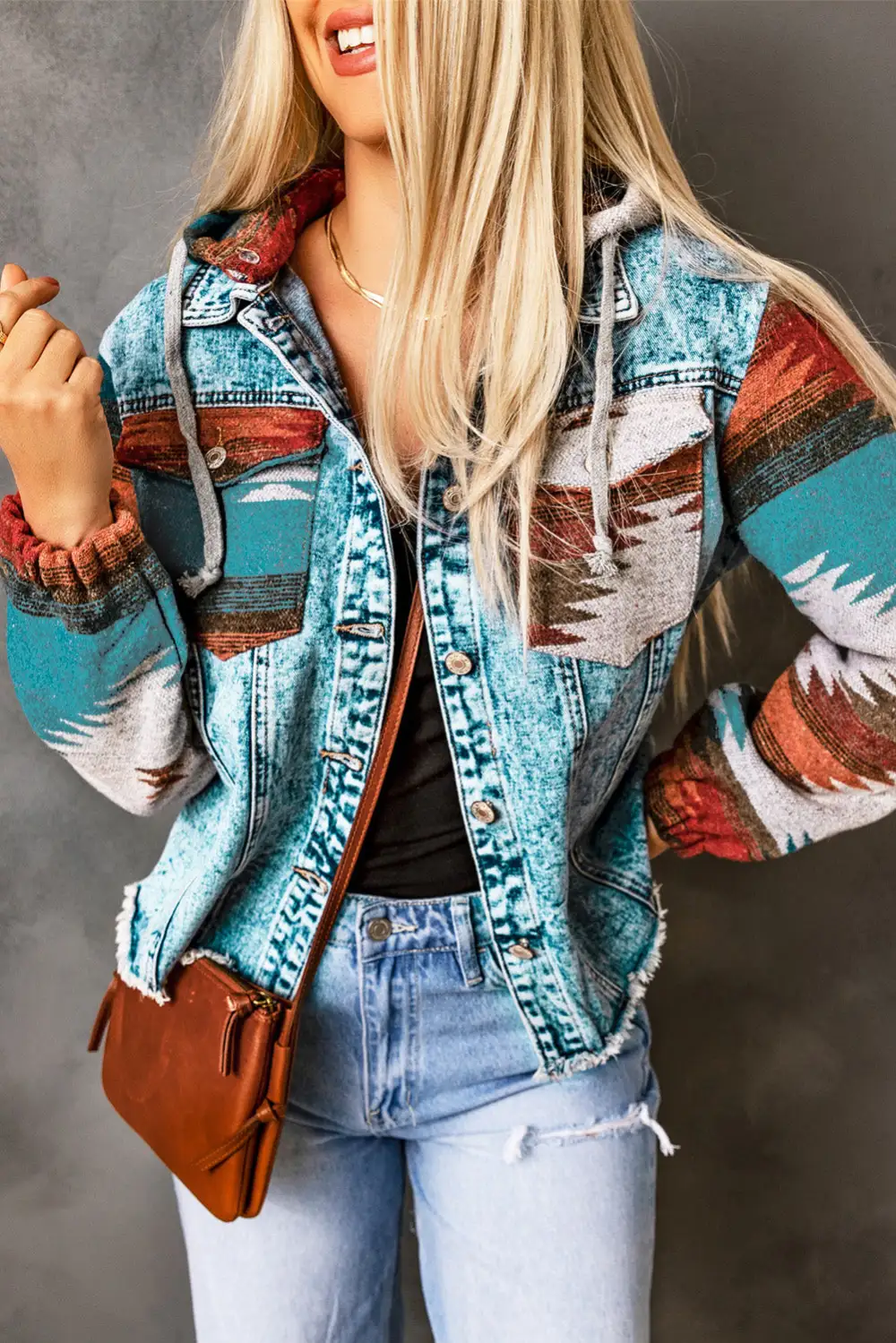 Women's Aztec Print Frayed Hem Denim Jacket