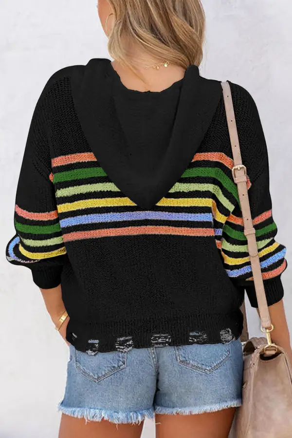 Striped Detail Zip Up Hooded Cardigan