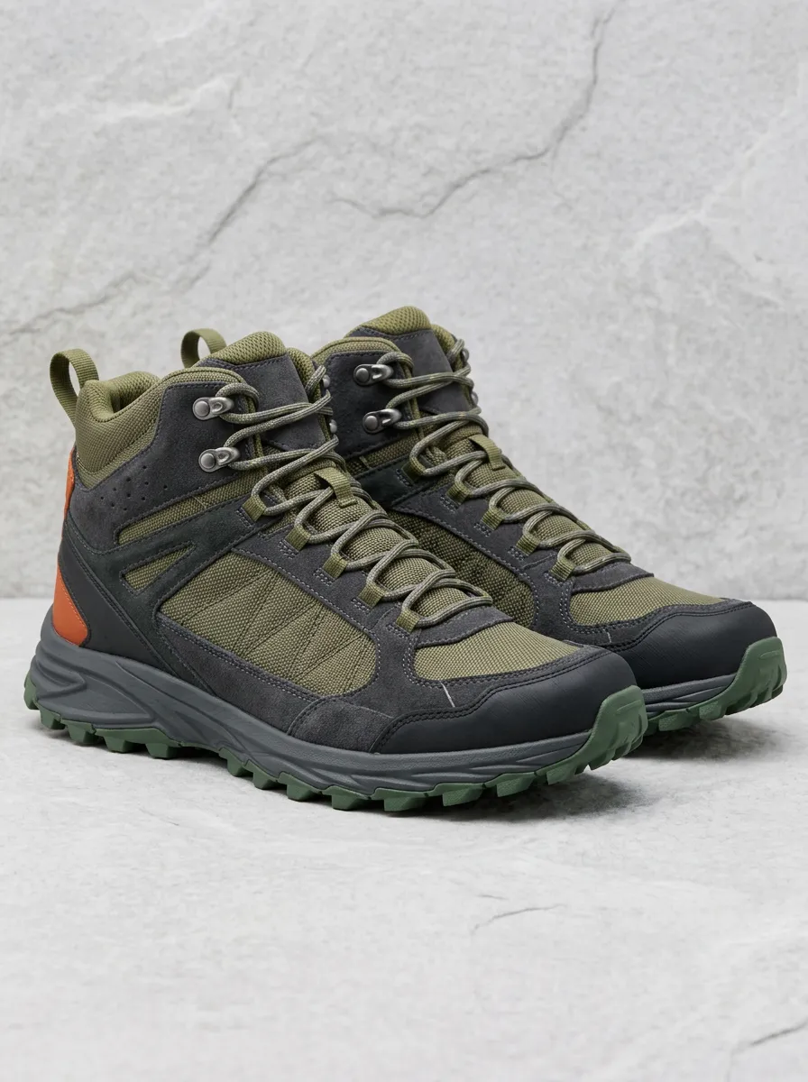 Men's Outdoor Hiking Olive Green Suede Printed Boots