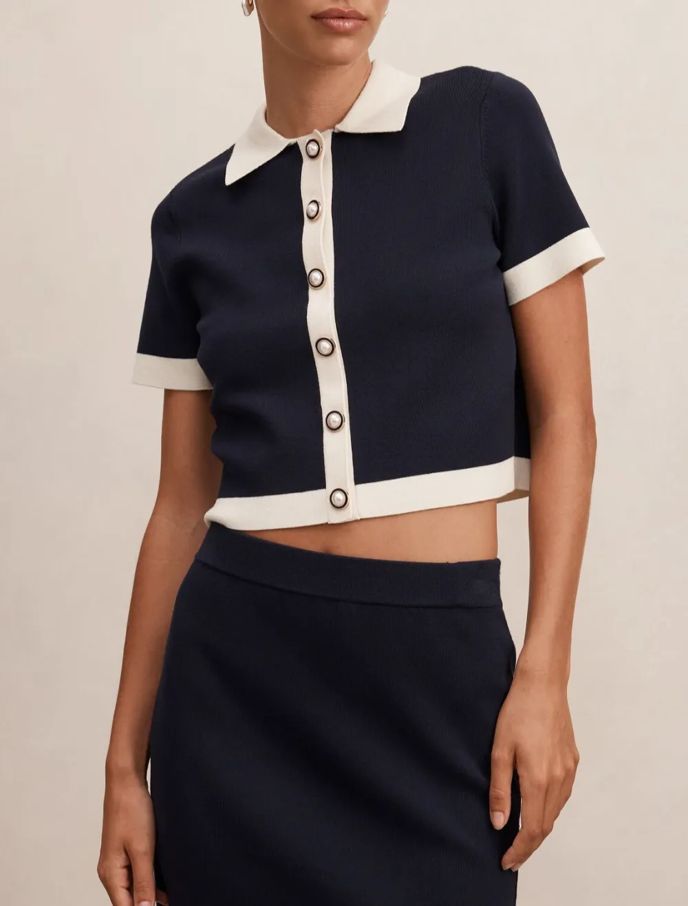 Navy White Trim Knit Button-Through Crop Top