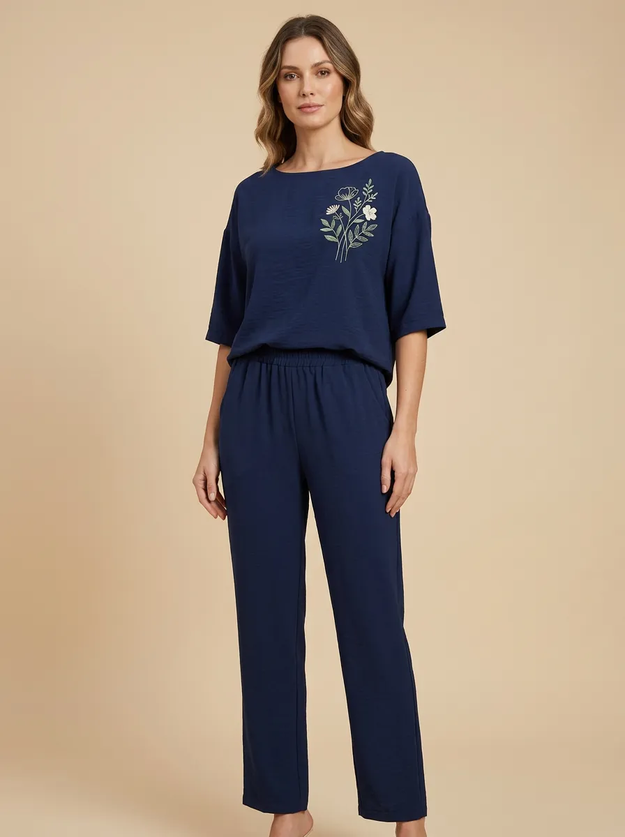 Women's Chest Floral Embroidered Top And Straight-Leg Trouser Lounge Set