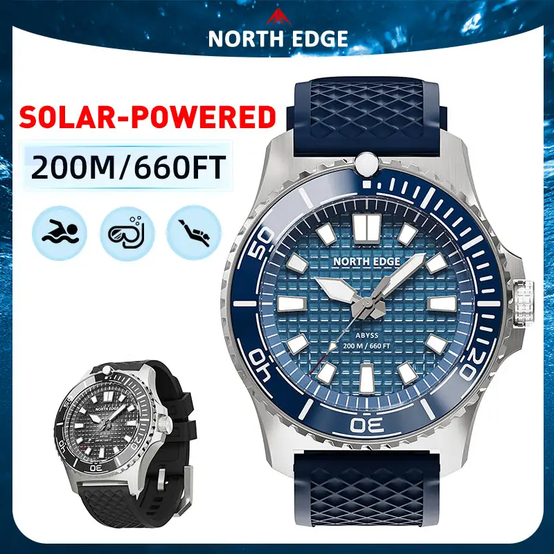 North Edge Solar Powered 200M Waterproof Ceramic Bezel Dive Watch ABYSS-Never needs a battery replacement