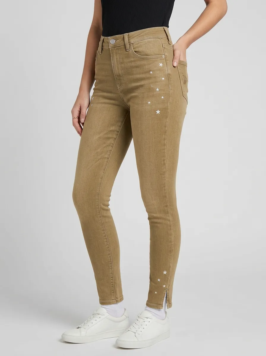 Women's Star Pattern Gray Washed Printed Slim-Fit Jeans