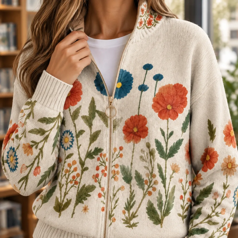 Floral Zip-Front Sweater