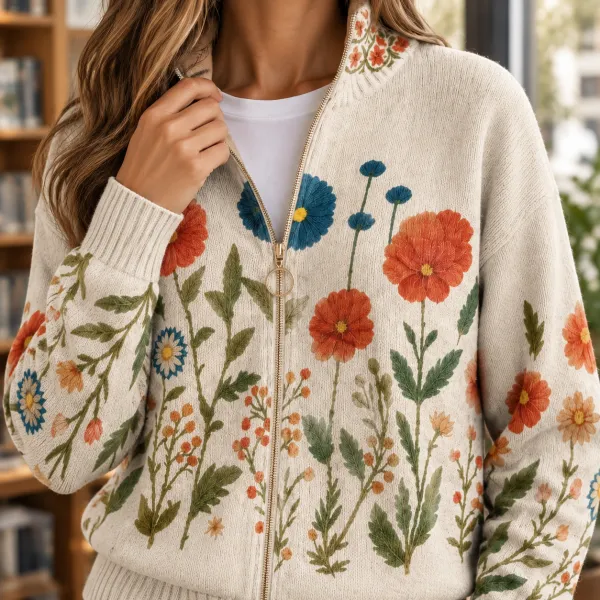 Floral Zip-Front Sweater