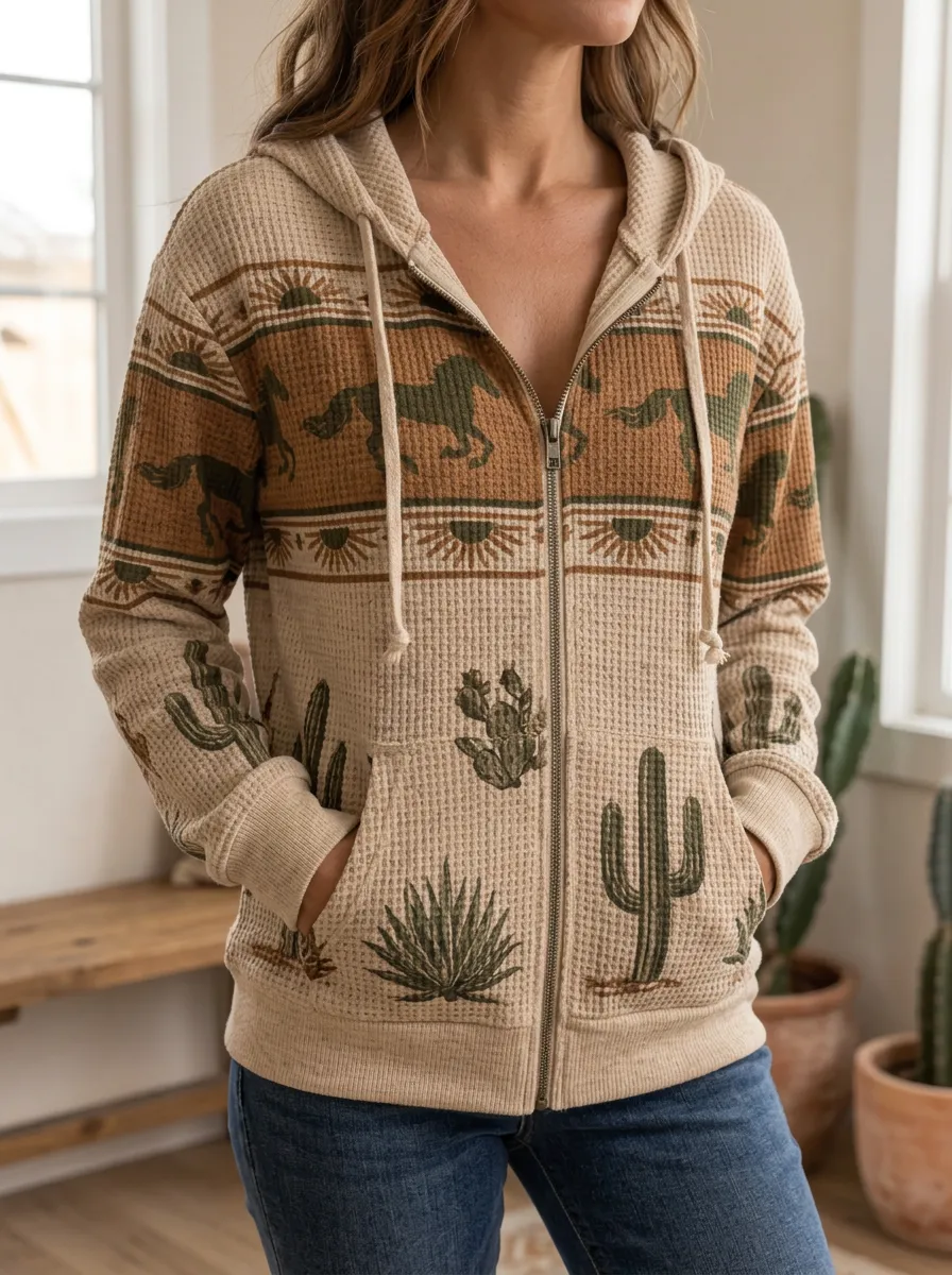 Women's Western Desert Cactus Horse Signature Graphic Waffle Zip-Up Hoodie