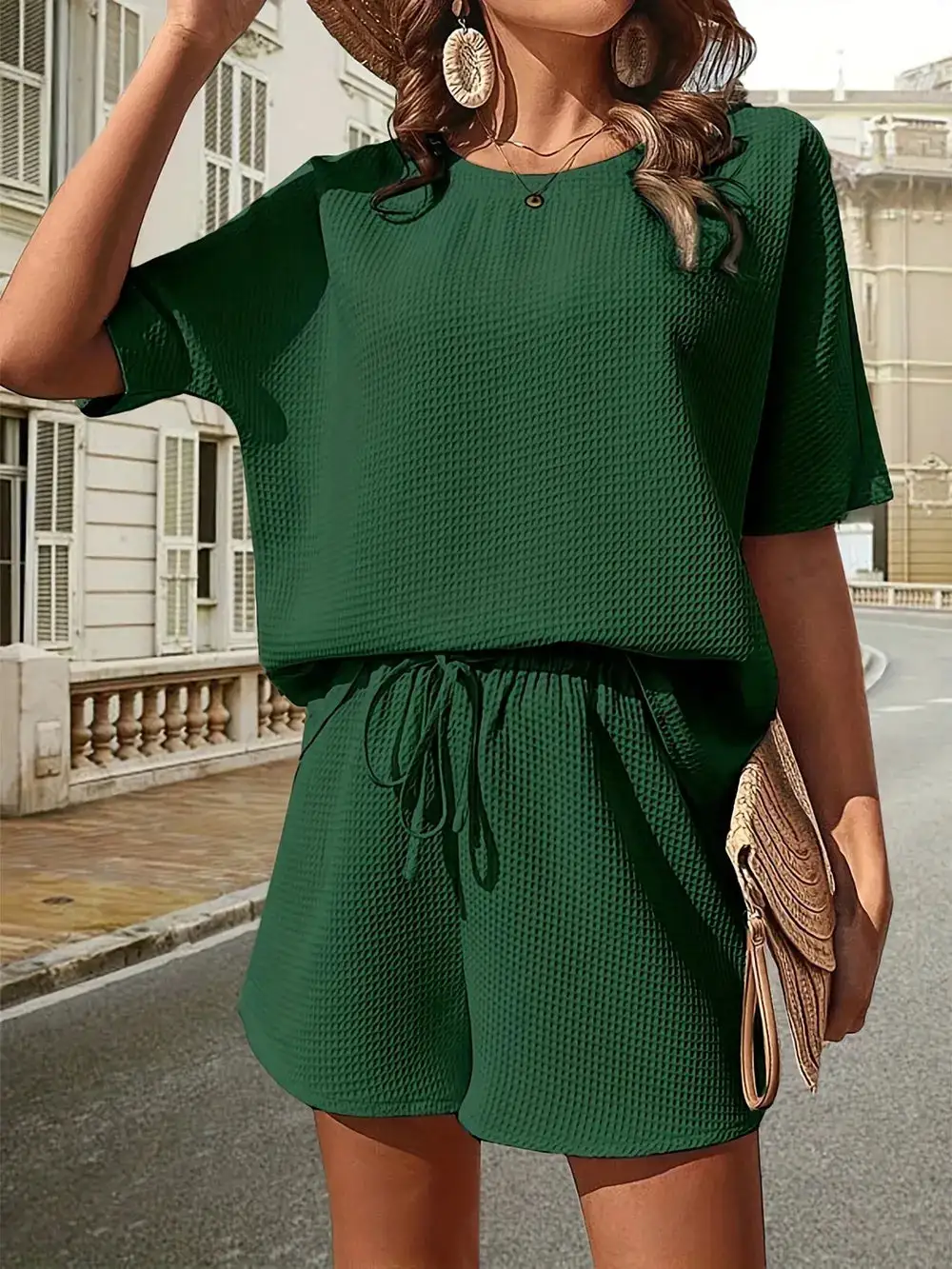 Waffle Knit Half Sleeve Top and Shorts Set