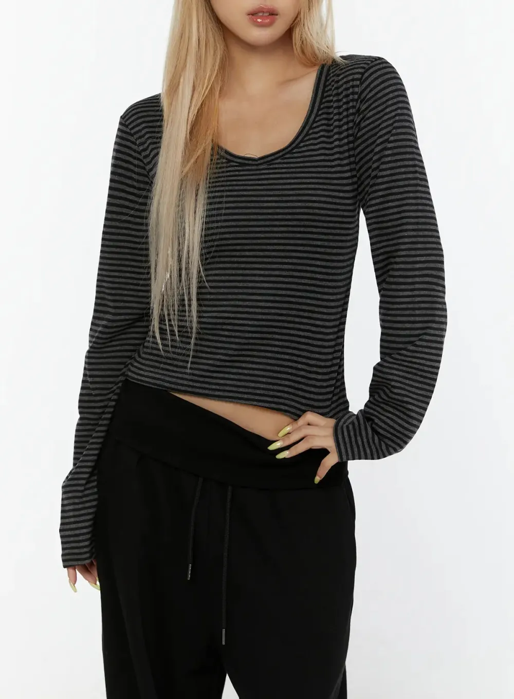 Striped V-Neck Long Sleeve Top