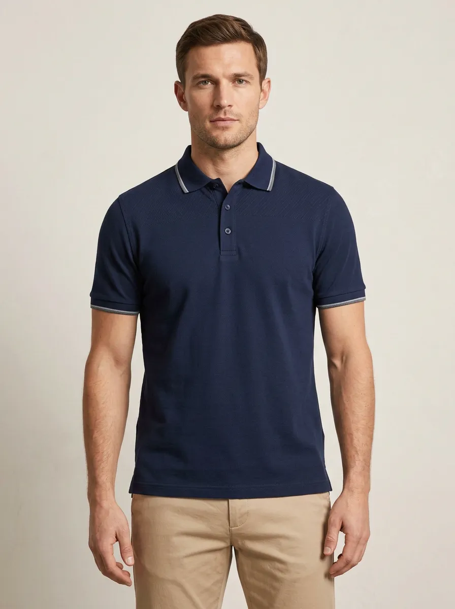 Men's Navy Blue Grey Tipped Collar Textured Polo Shirt