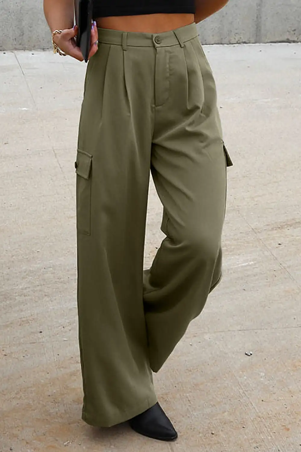 Ruched Wide Leg Pants With Pocket