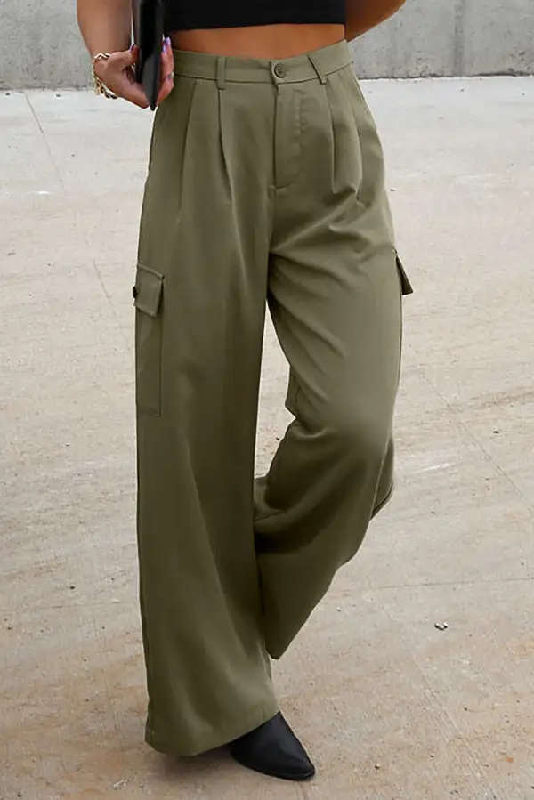 Ruched Wide Leg Pants With Pocket