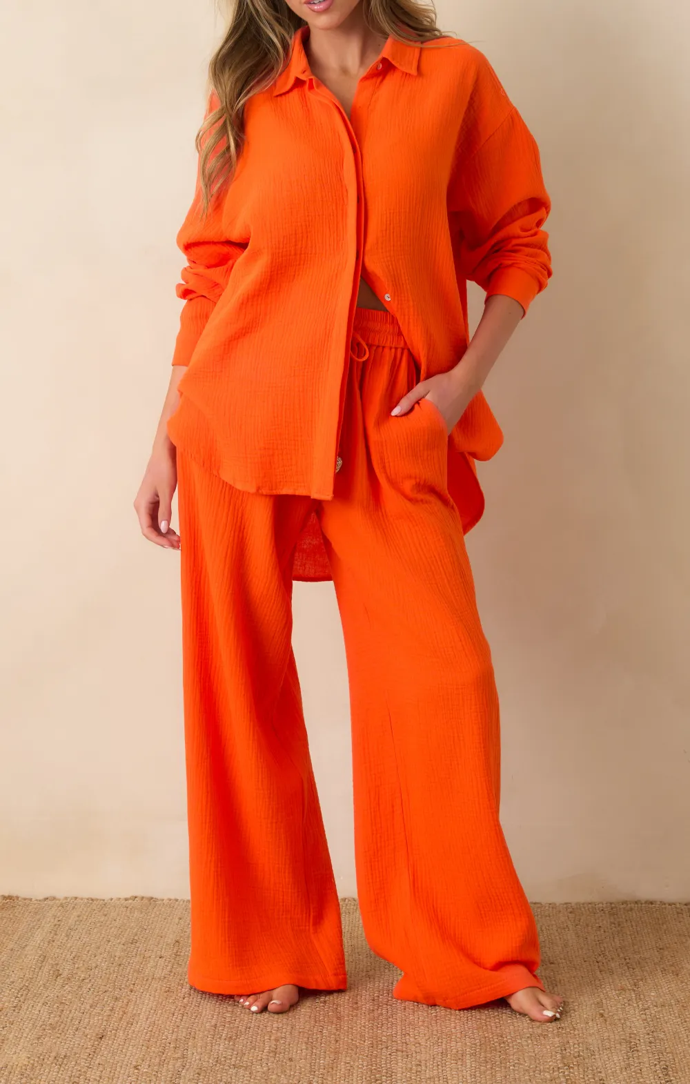 Orange Textured Wide Leg Drawstring Pants