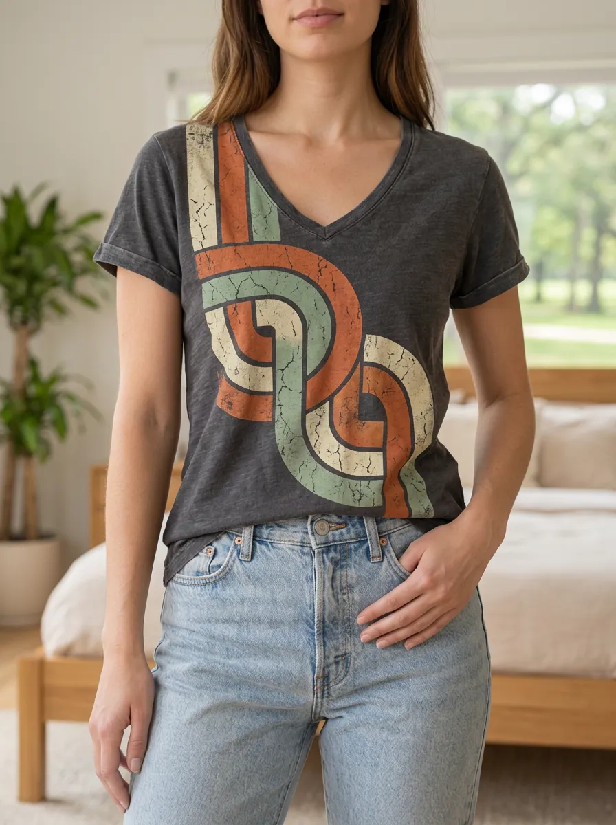 Women's Retro Retro 70s Style Abstract Stripe V-Neck T-Shirt