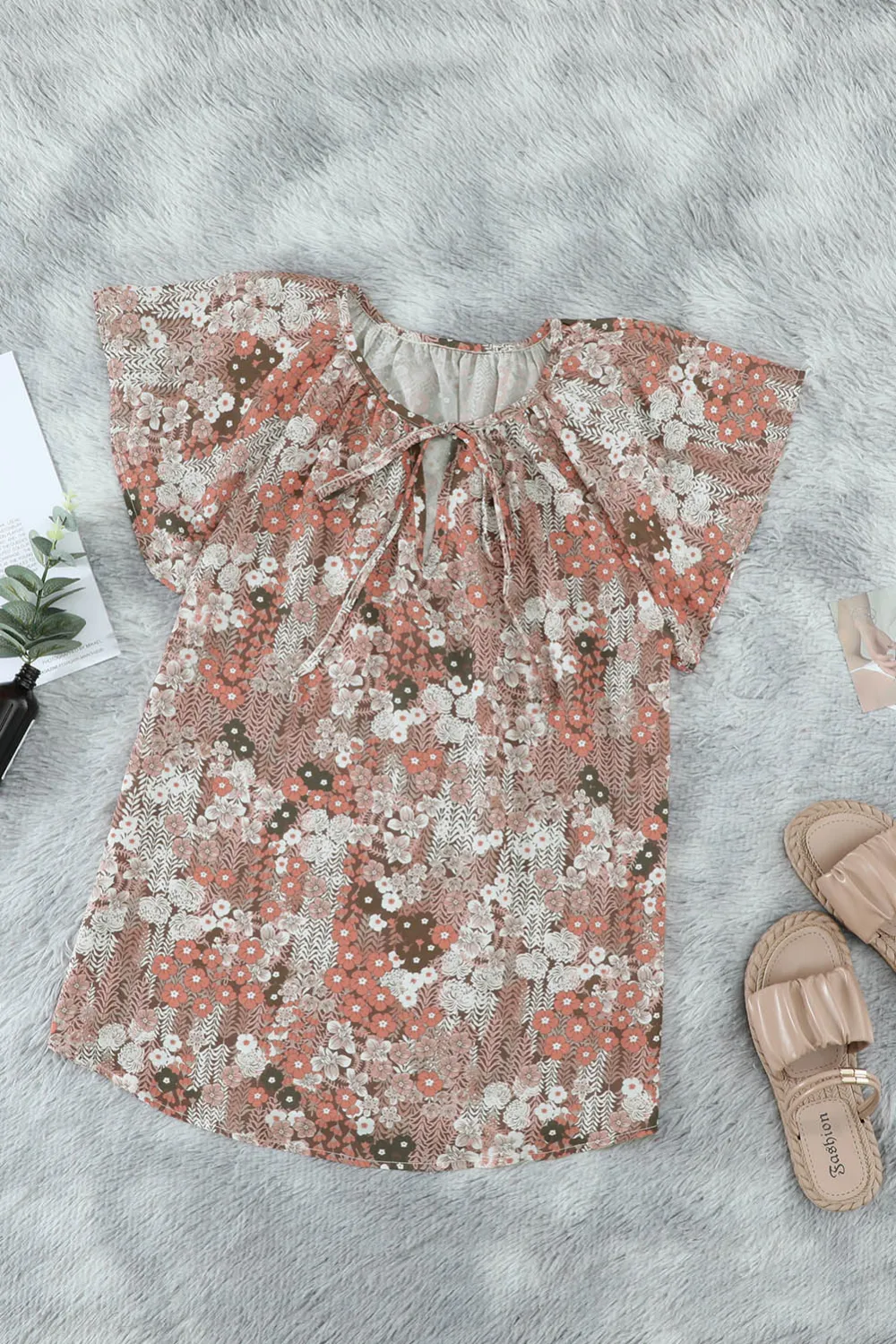 Khaki V Neck Short Sleeve Blouse