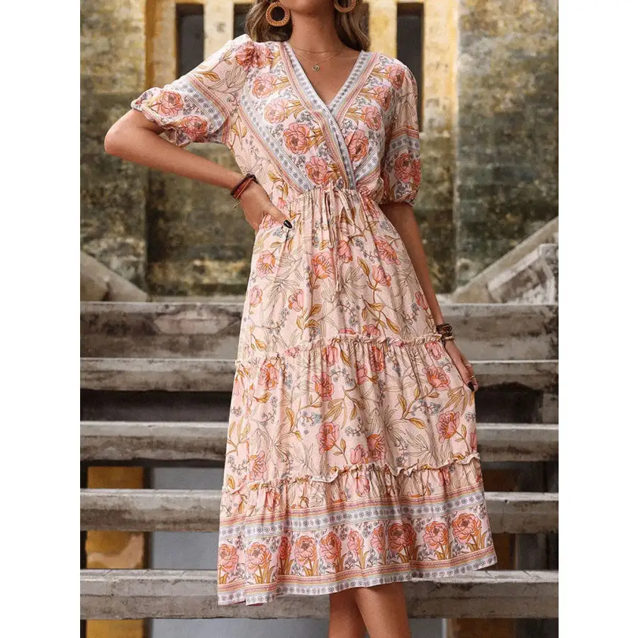 Printed Surplice Tiered Midi Dress