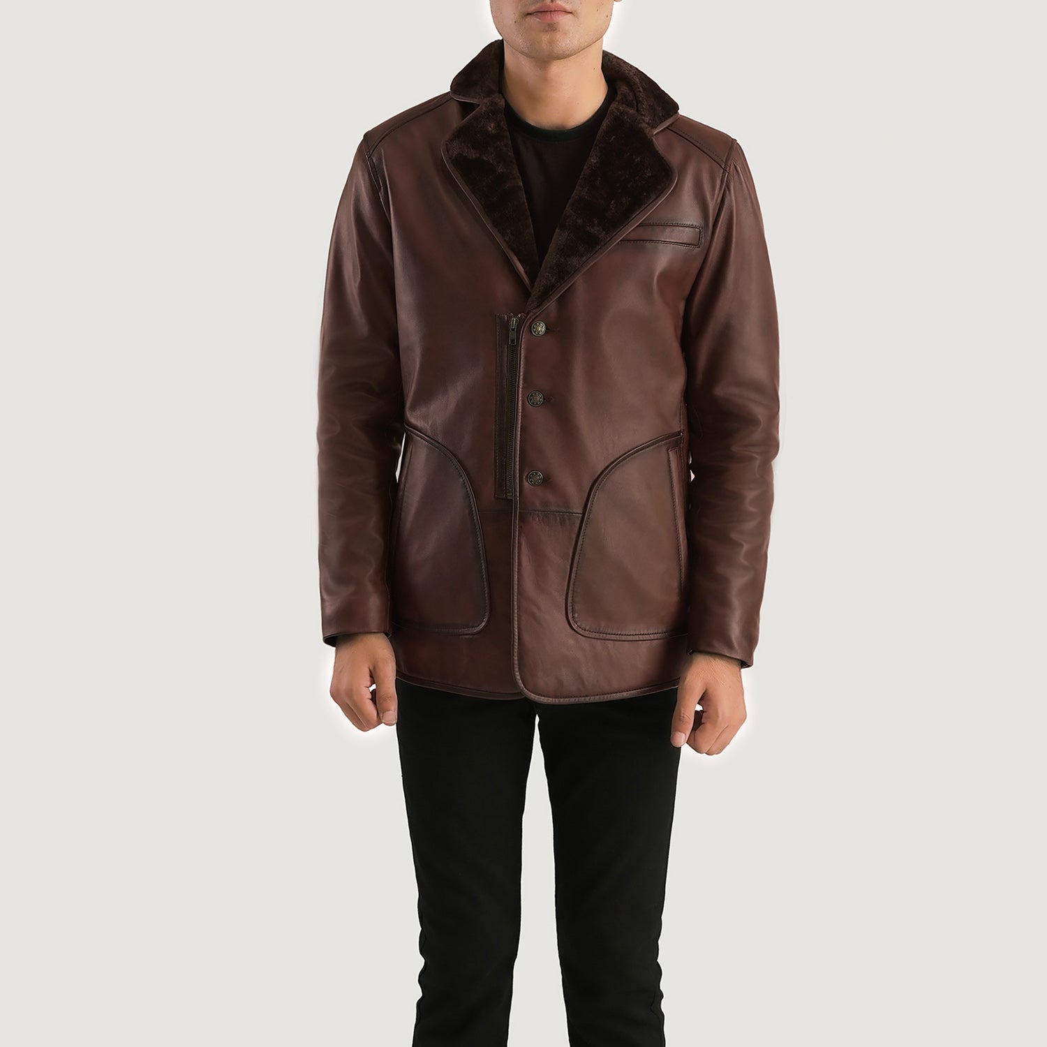 Men's Classic Leather Fur Trim Coat