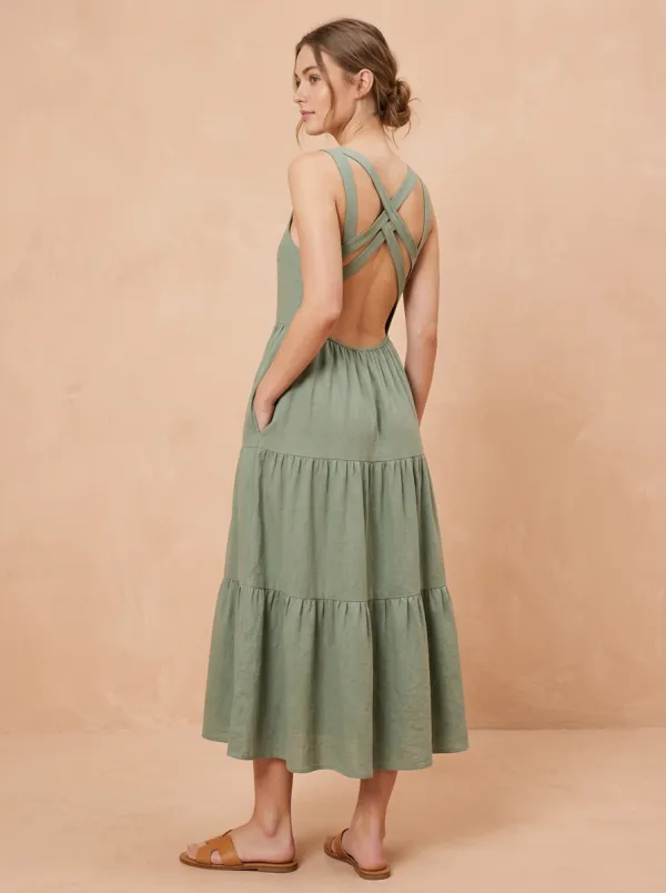Women's Casual Tiered Crisscross-Back Midi Backless Dress