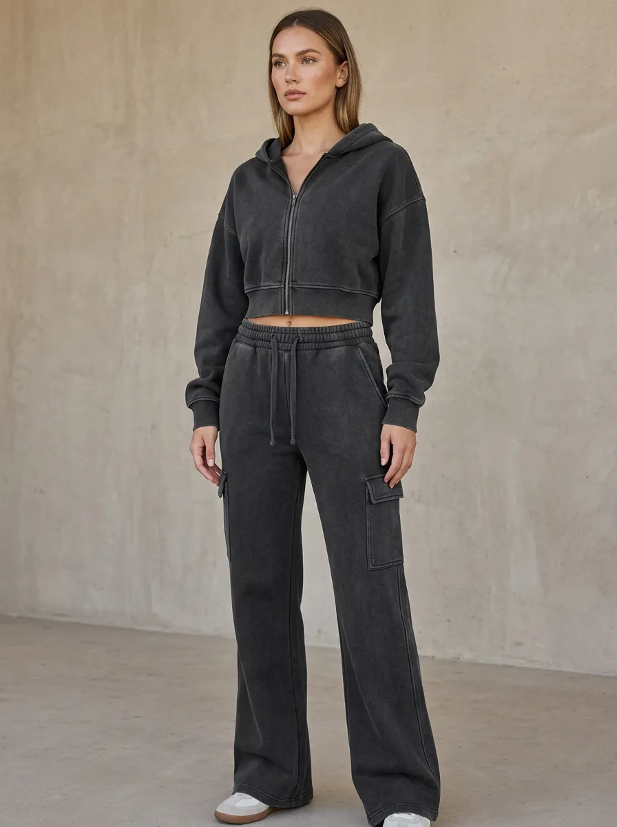 Women's Classic Washed Cargo Detail Vintage Inspired Cropped Hooded Jacket and Flare Pants Active Set