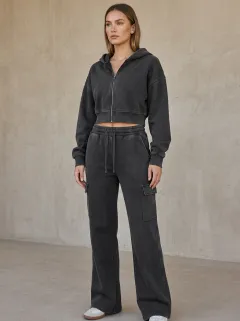 Women's Classic Washed Cargo Detail Vintage Inspired Cropped Hooded Jacket and Flare Pants Active Set