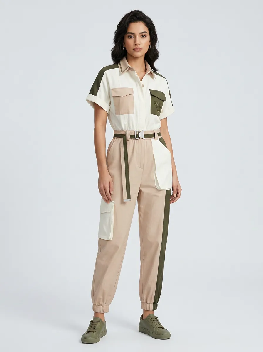 Women's Utility Style Colorblock Cargo Printed Jumpsuit