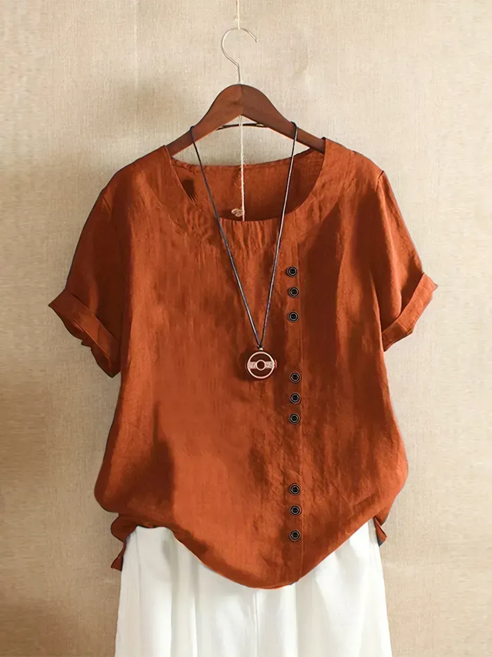 Plus Size Solid Button Decor Short Sleeve T-shirt, Women's Plus Casual Round Neck Tee