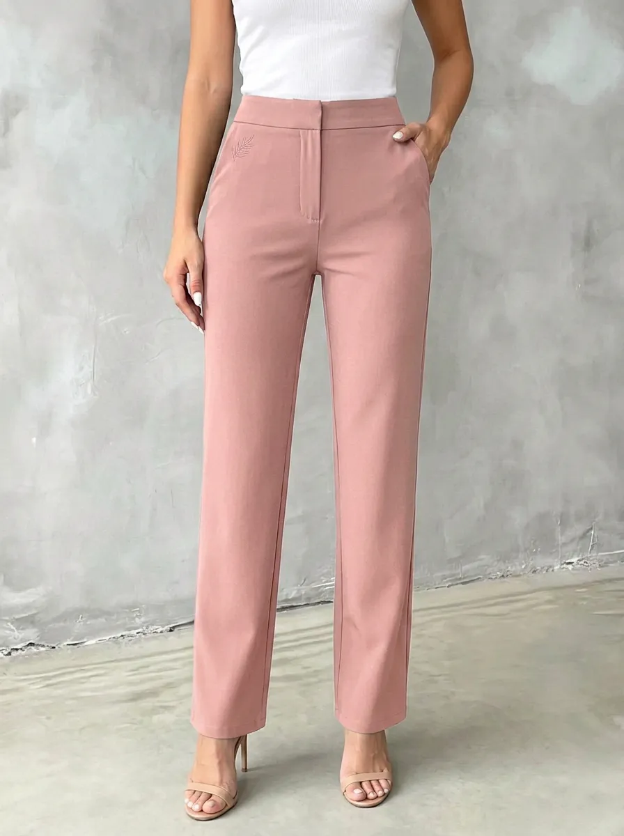 Women's Refined Comfort Leaf Embroidered Mid Rise Straight Leg Pants