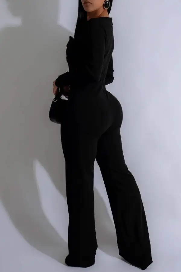 Button-Front Collared Square Neck Jumpsuit