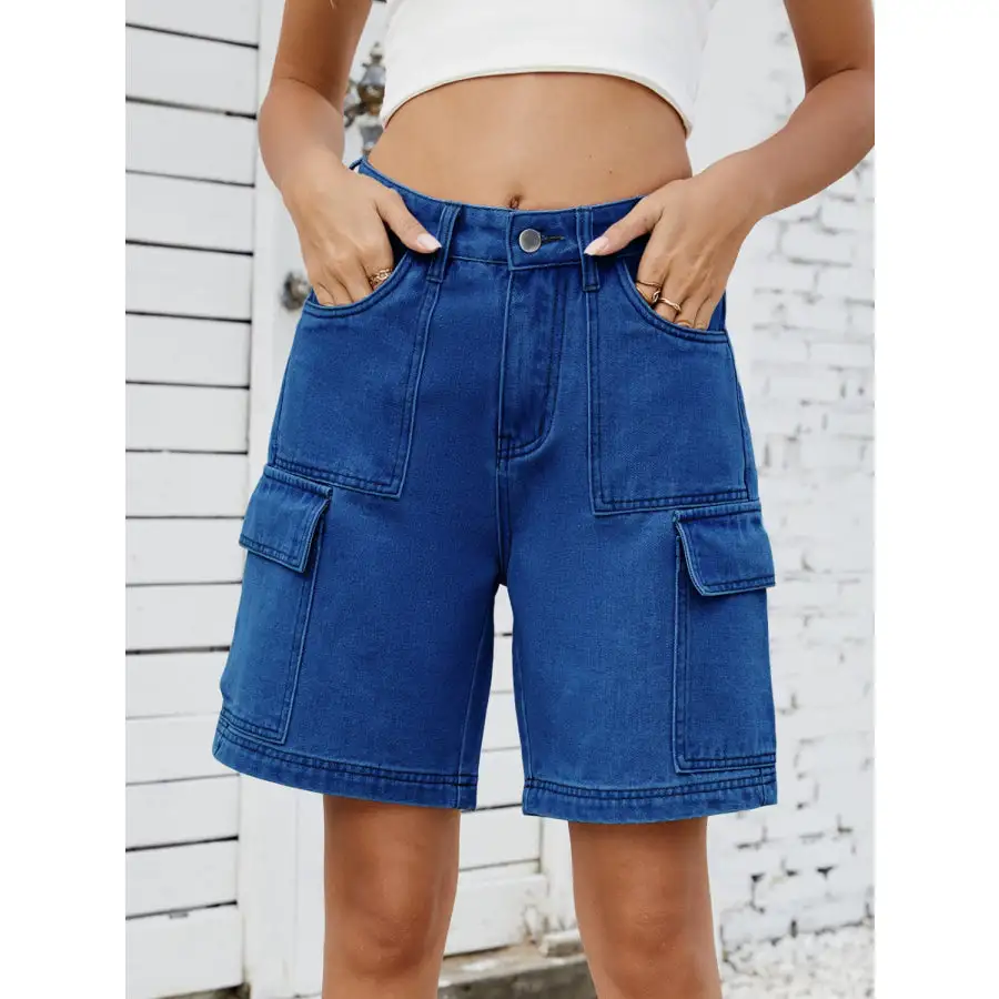 High Waist Pocketed Cargo Denim Shorts