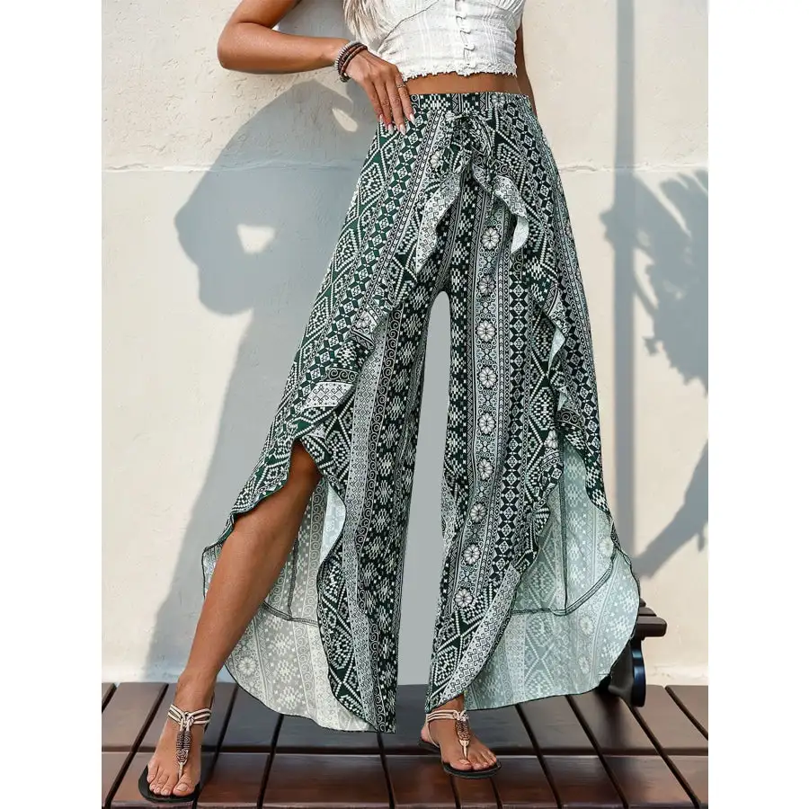 Slit Ruffled Geometric Wide Leg Pants