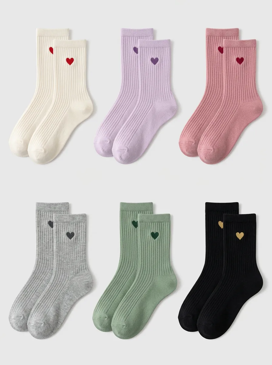 Women's Casual Heart Pattern Embroidered Ribbed Socks 6-Pack