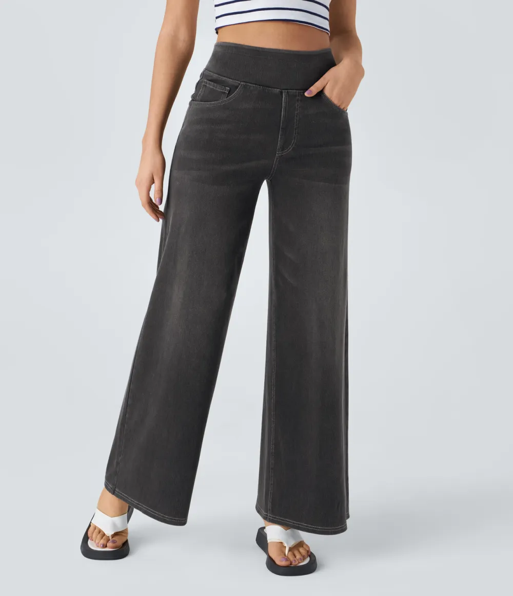 Magic High Waisted Multiple Pockets Wide Leg Washed Stretchy Knit Casual Jeans