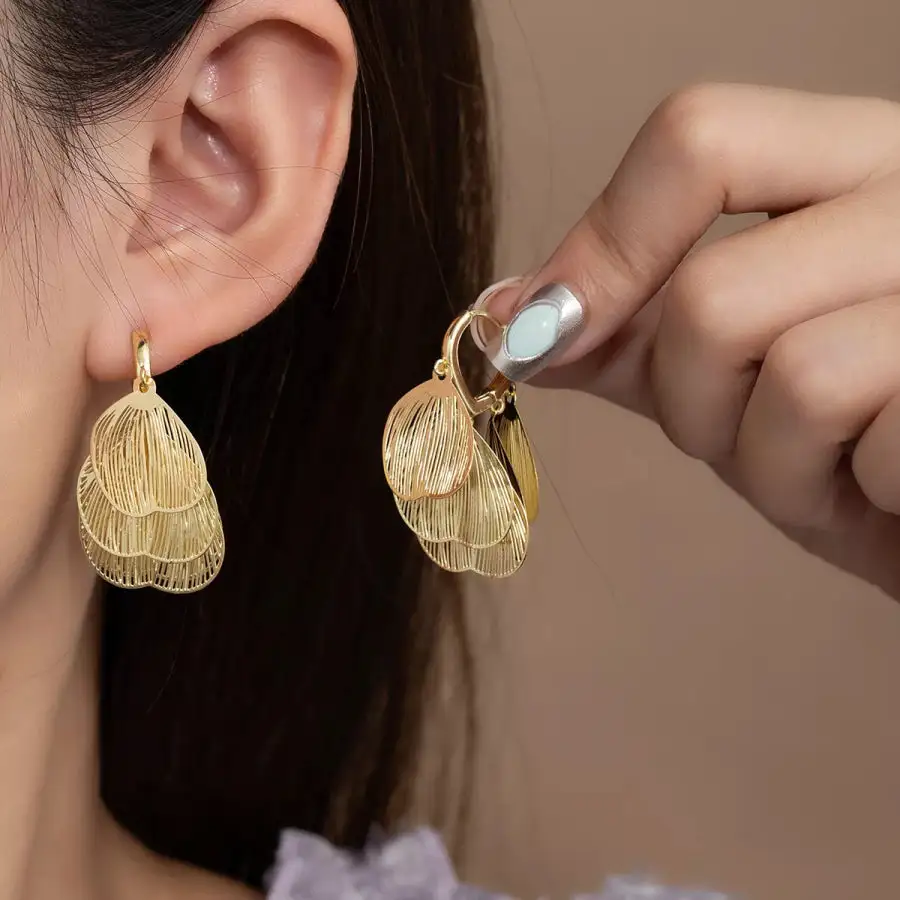 K Gold Plated Textured Leaf Drop Earrings