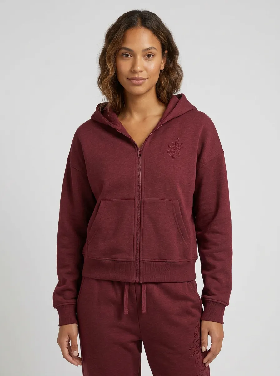 Women's Sage Green Botanical Leaf Embroidered Classic Zip-Up Hoodie Jacket & Jogger Set