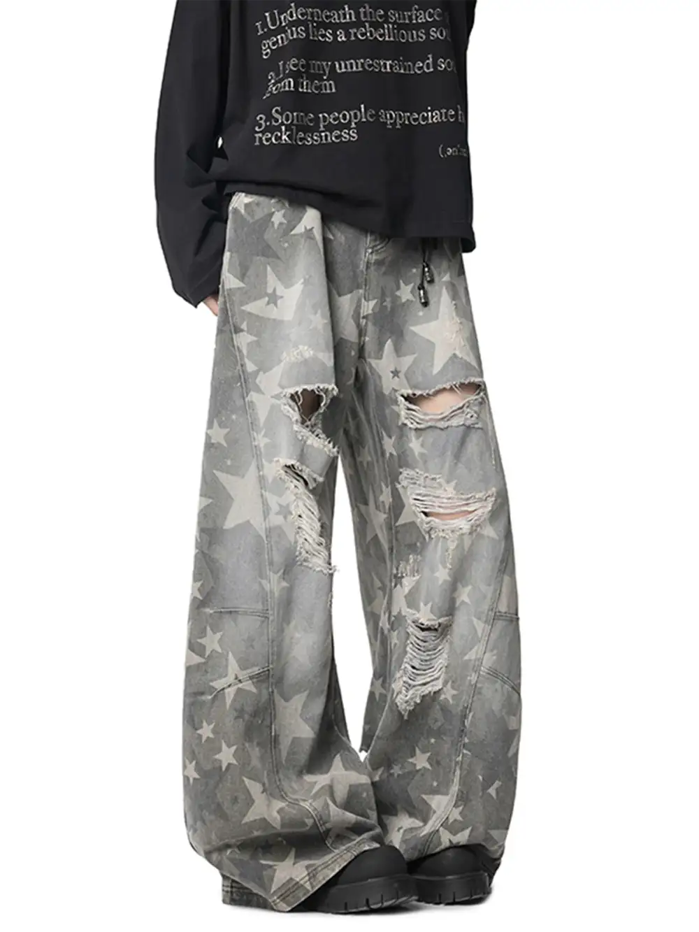 Wide-Leg Ripped Distressed Jeans