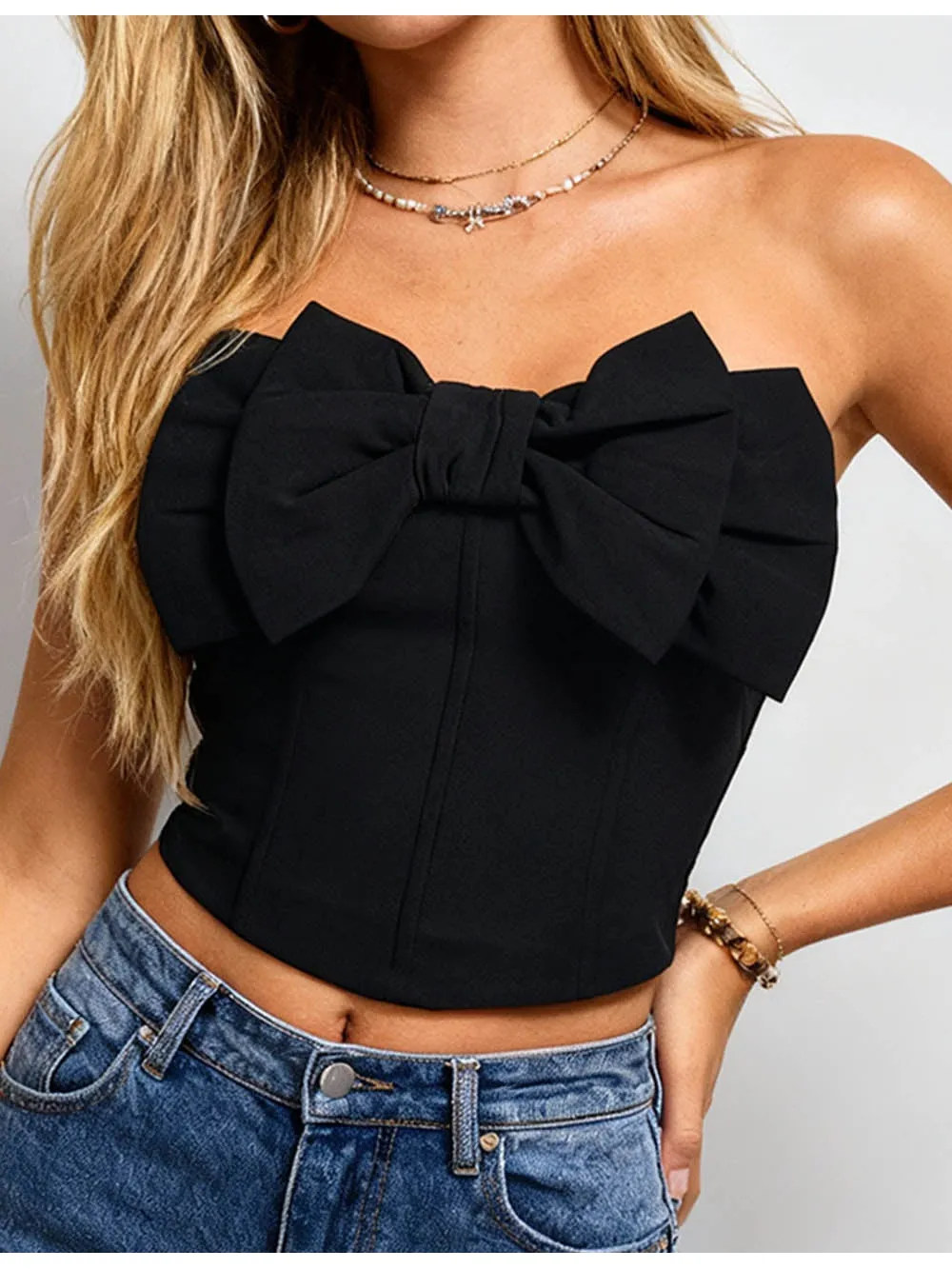 Bow Neck Corset Solid Color Crop Tube Top