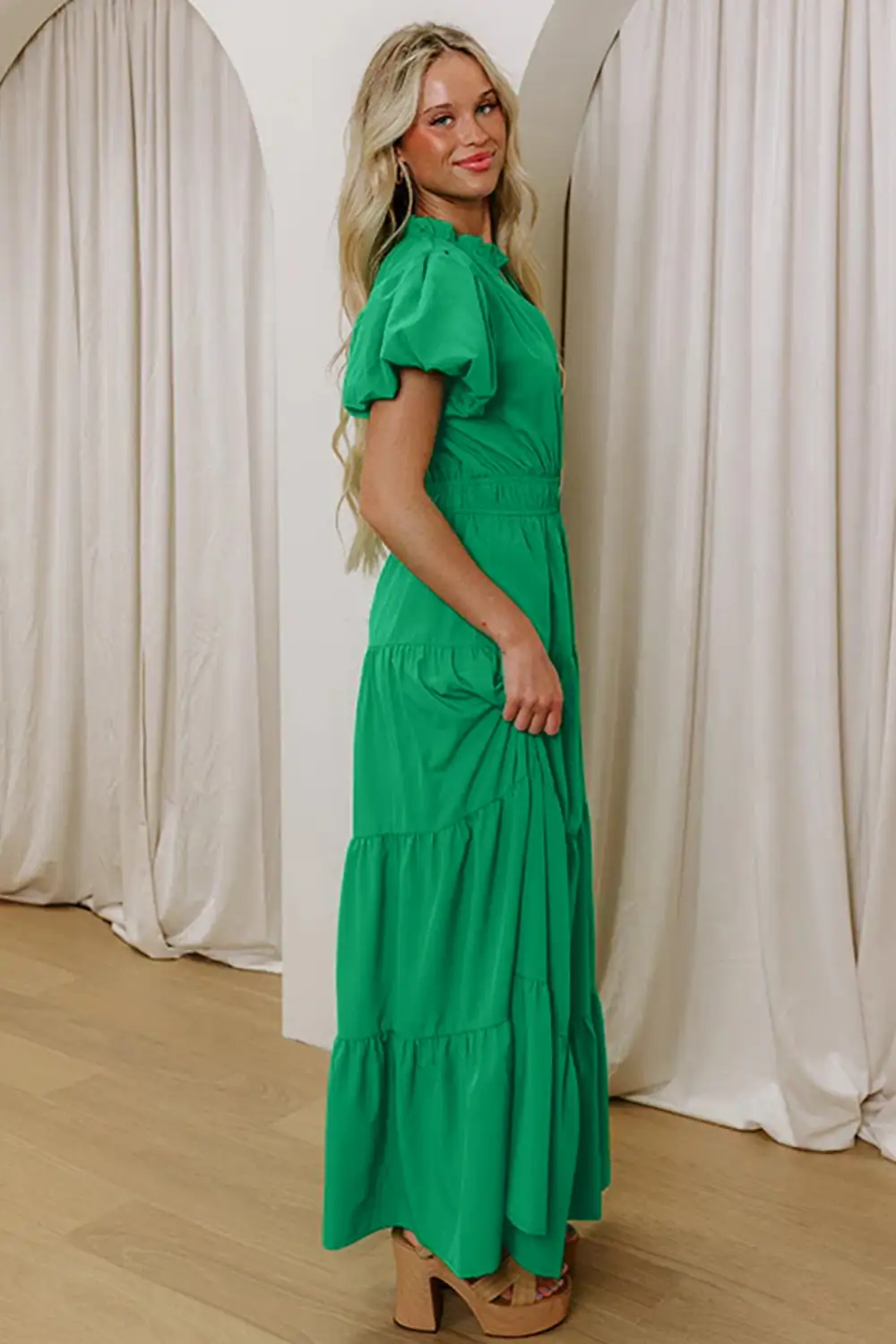 Clean Line V Neck Tiered Puff Sleeve Maxi Dress