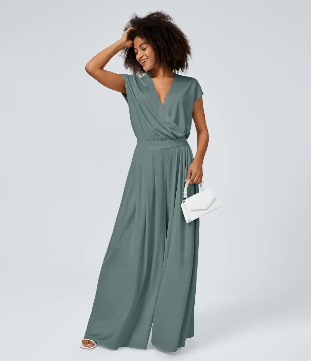 V Neck Short Sleeve Side Pocket Wide Leg Flowy Waffle Casual Jumpsuit