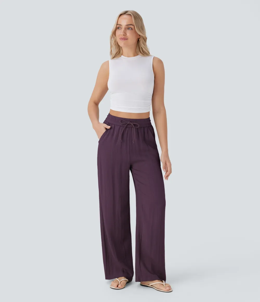 2026🔥  High Waisted Drawstring Pocket Wide Leg Casual Linen-Feel Pants