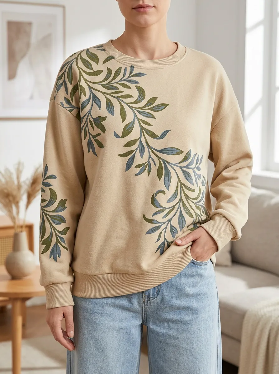 Women's Leaf Print Crewneck Sweatshirt Drop Shoulder