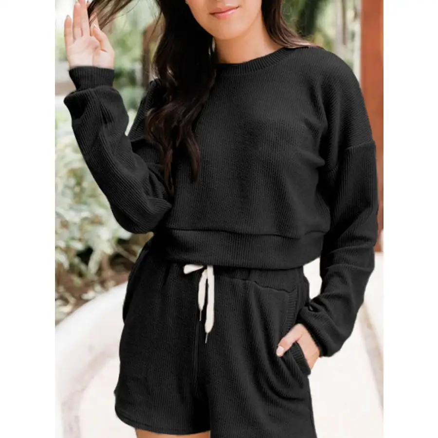 Ribbed Round Neck Long Sleeve Top and Shorts Set