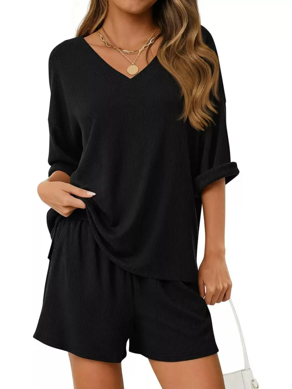Casual Solid Color V Neck Top and Shorts Set