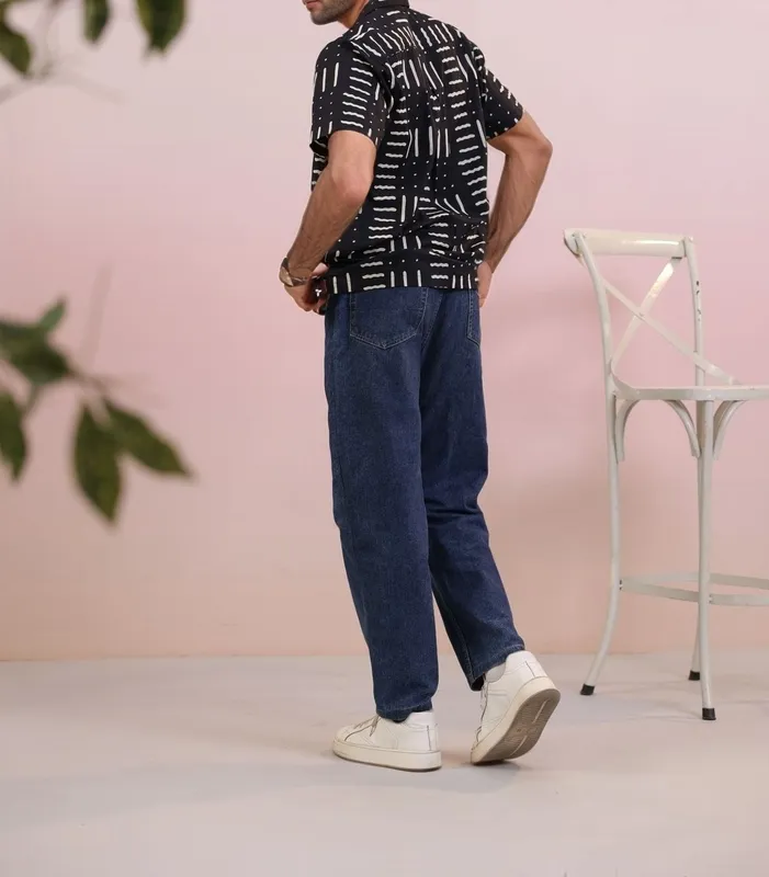 Black Abstract Mulmul Cotton Camp Collar Shirt