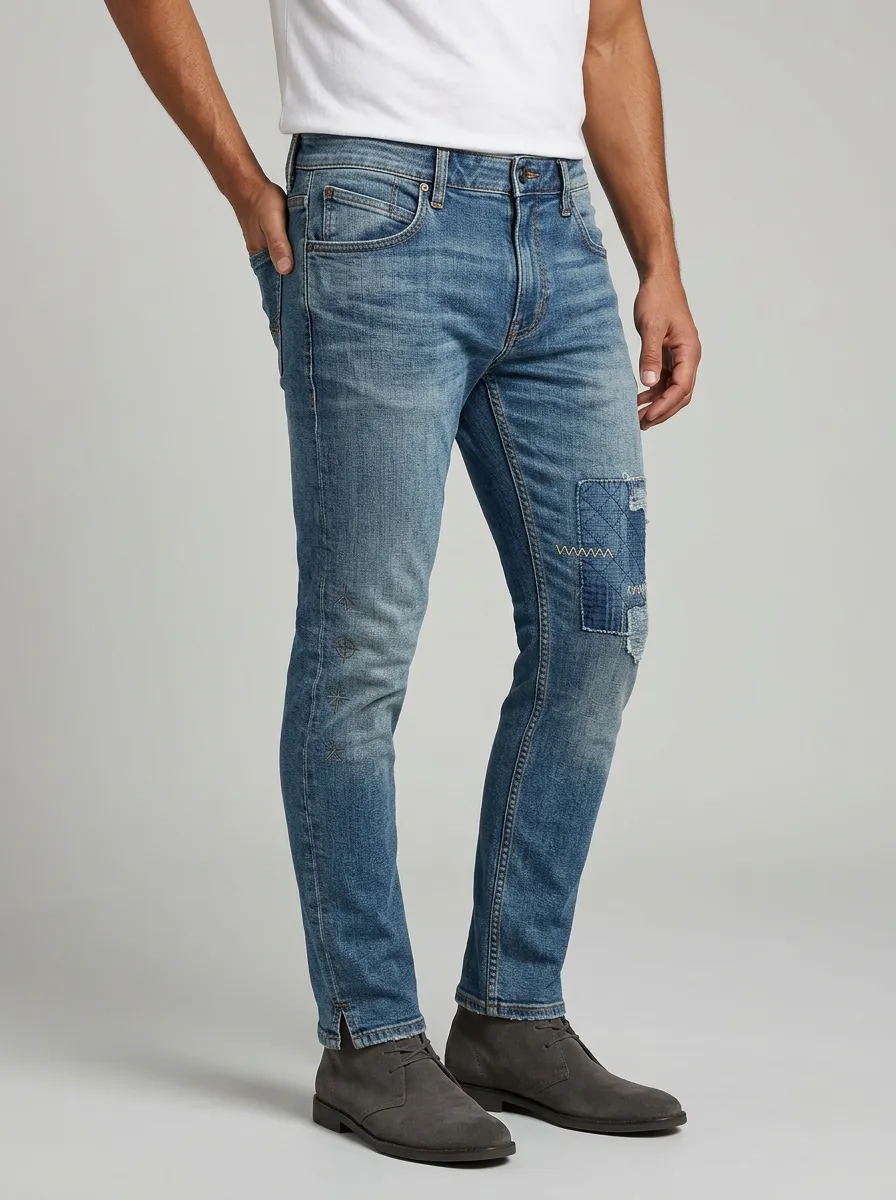 Men's Mid-Blue Distressed Patchwork Embroidered Slim Fit Jeans