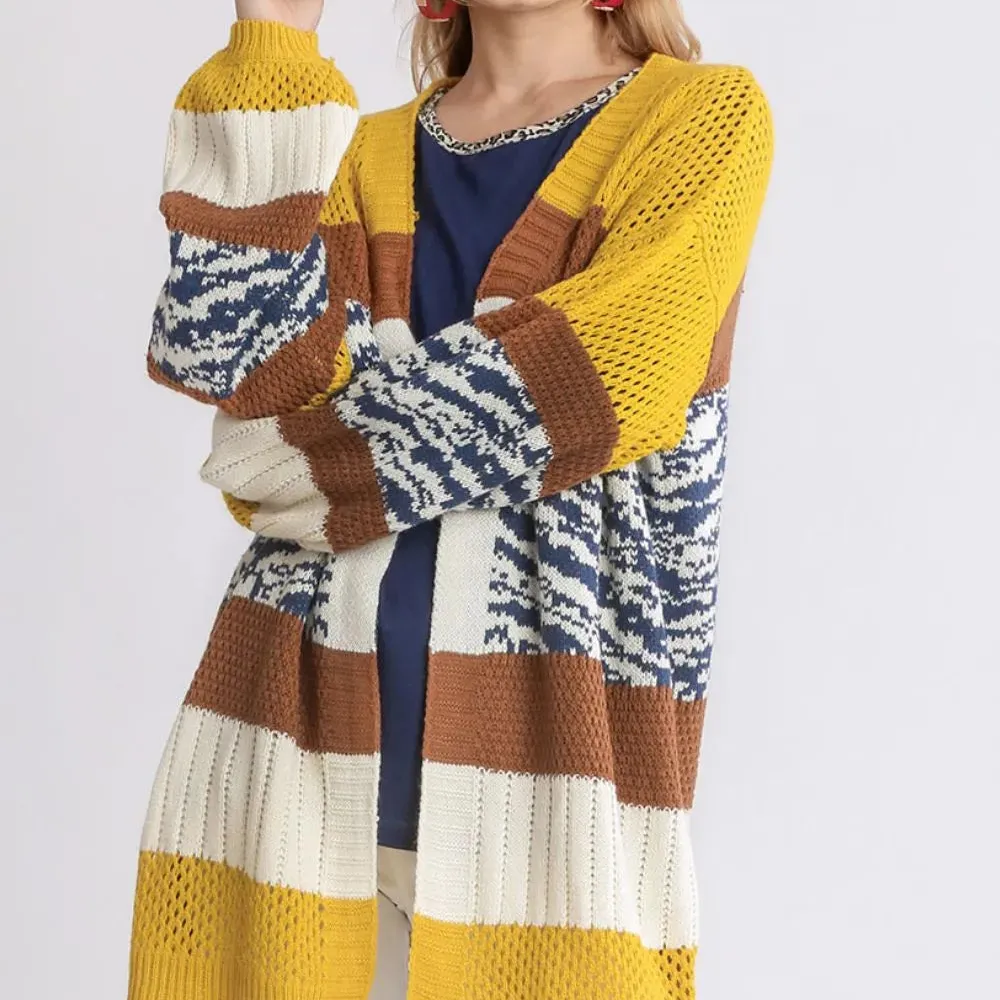Color Block Open Front Longline Ribbed Knit Cardigan
