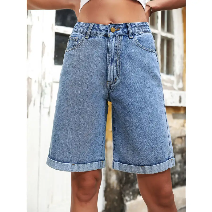 Weekend Buttoned High Waist Pocketed Denim Shorts