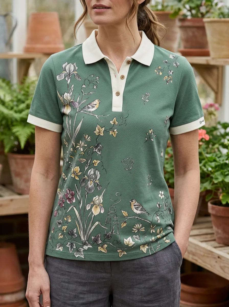 Women's Modern Nature Lover Floral Bird Polo Shirt