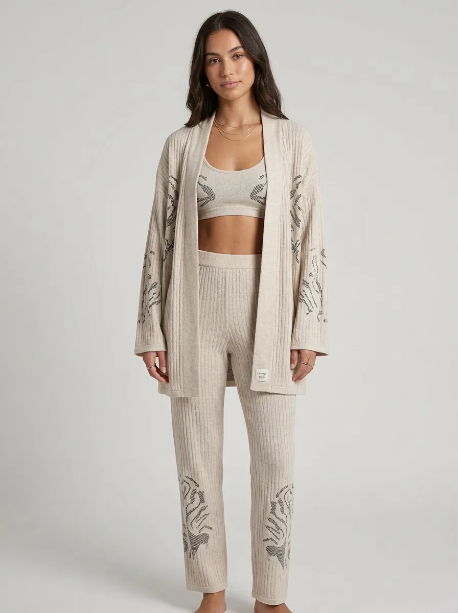 Floral Ribbed Cardigan Lounge Set