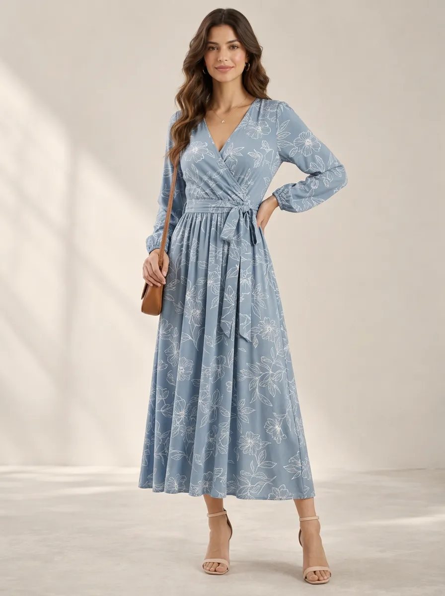 Women's Wrap Pattern Rich Floral Line Art Print Dress