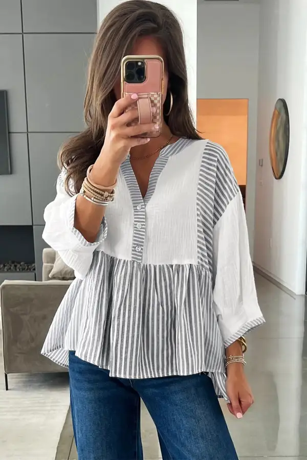 Gray Stripe Half Button Gauze Patchwork Bracelet Sleeve Babydoll Blouse
