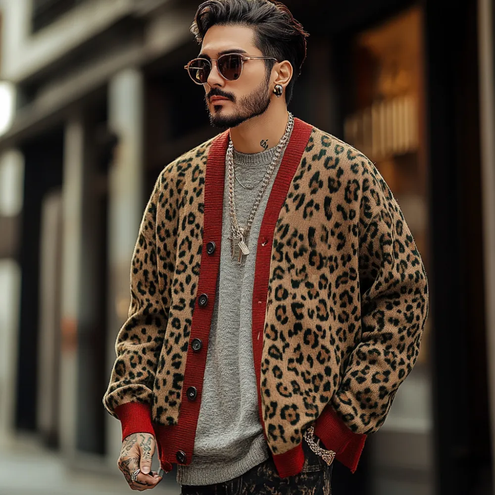 Jacquard Knit Leopard Print Cardigan